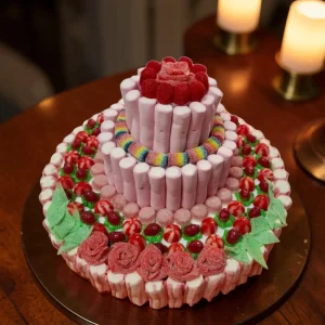 Tarta de gominolas rosas de tres pisos