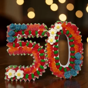 Tarta de gominolas con forma de número 50